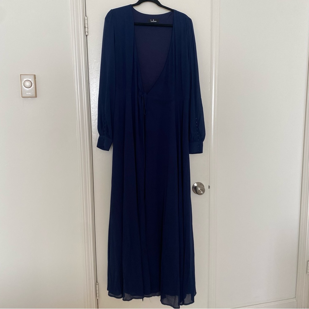 Lulu’s Navy Blue Wrap Long Sleeve Maxi Dress